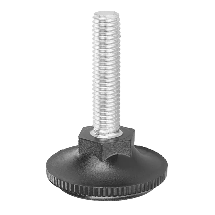 Adjustable furniture leveling feet installed on table and cabinet legs to stabilize furniture on uneven floors