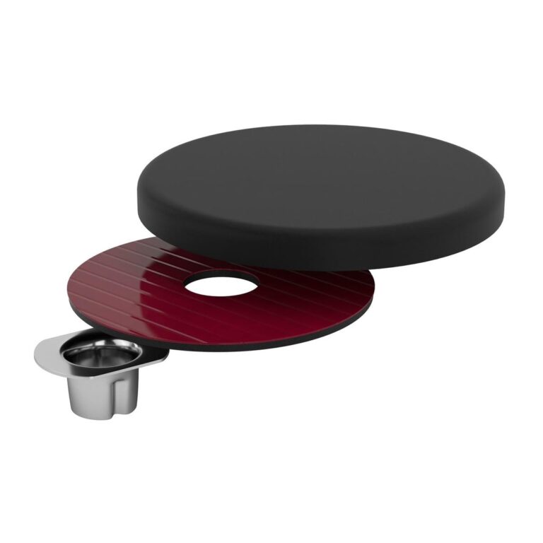 Nail-on furniture slide exploded view showing ABS sliding head, EHBF adhesive layer, and zinc-plated tubular rivet
