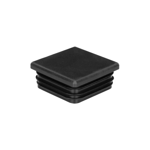 Black square tube plugs 50 × 50 mm, 1–2 mm wall – three-quarter view from above