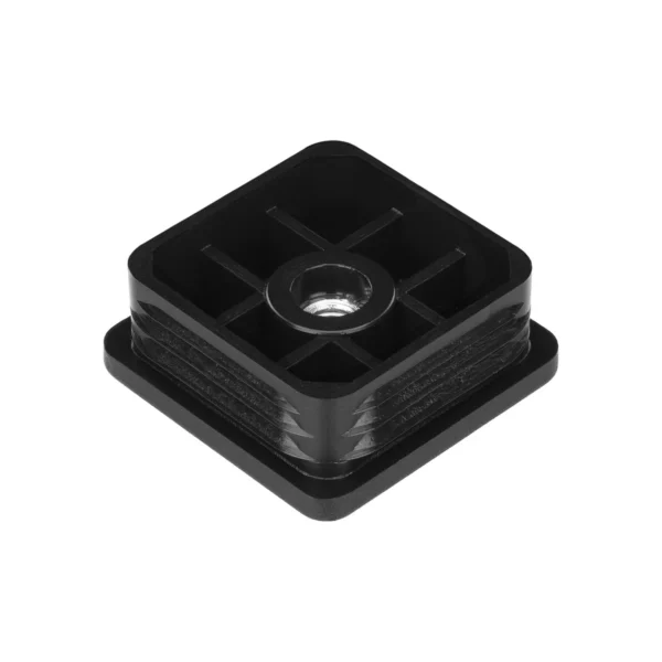 Square threaded inserts: black square tube plug with threaded insert 45 × 45 mm, M8 thread, 1–2 mm wall – angled view showing the ribbed insertion body