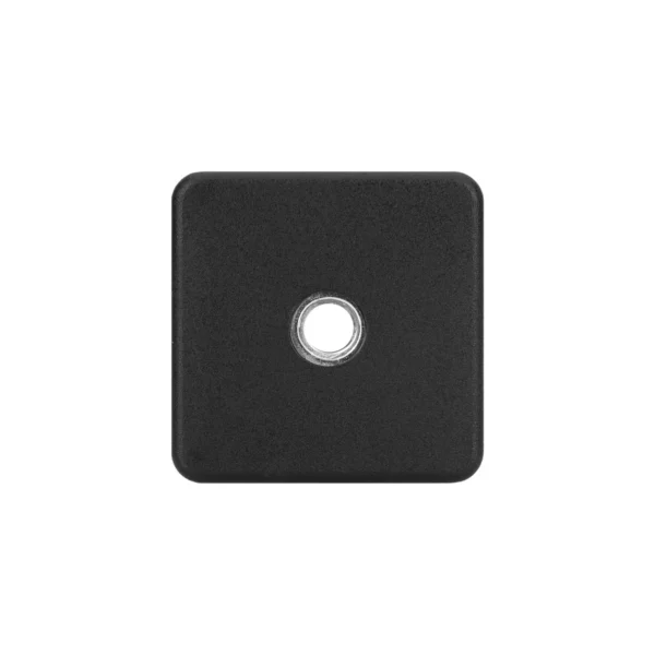 Square threaded inserts: black square tube plug with threaded insert 45 × 45 mm, M8 thread, 1–2 mm wall – top-down view of the head