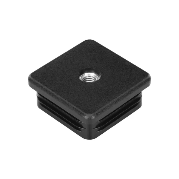 Square threaded inserts: black square tube plug with threaded insert 45 × 45 mm, M8 thread, 1–2 mm wall – three-quarter view from above