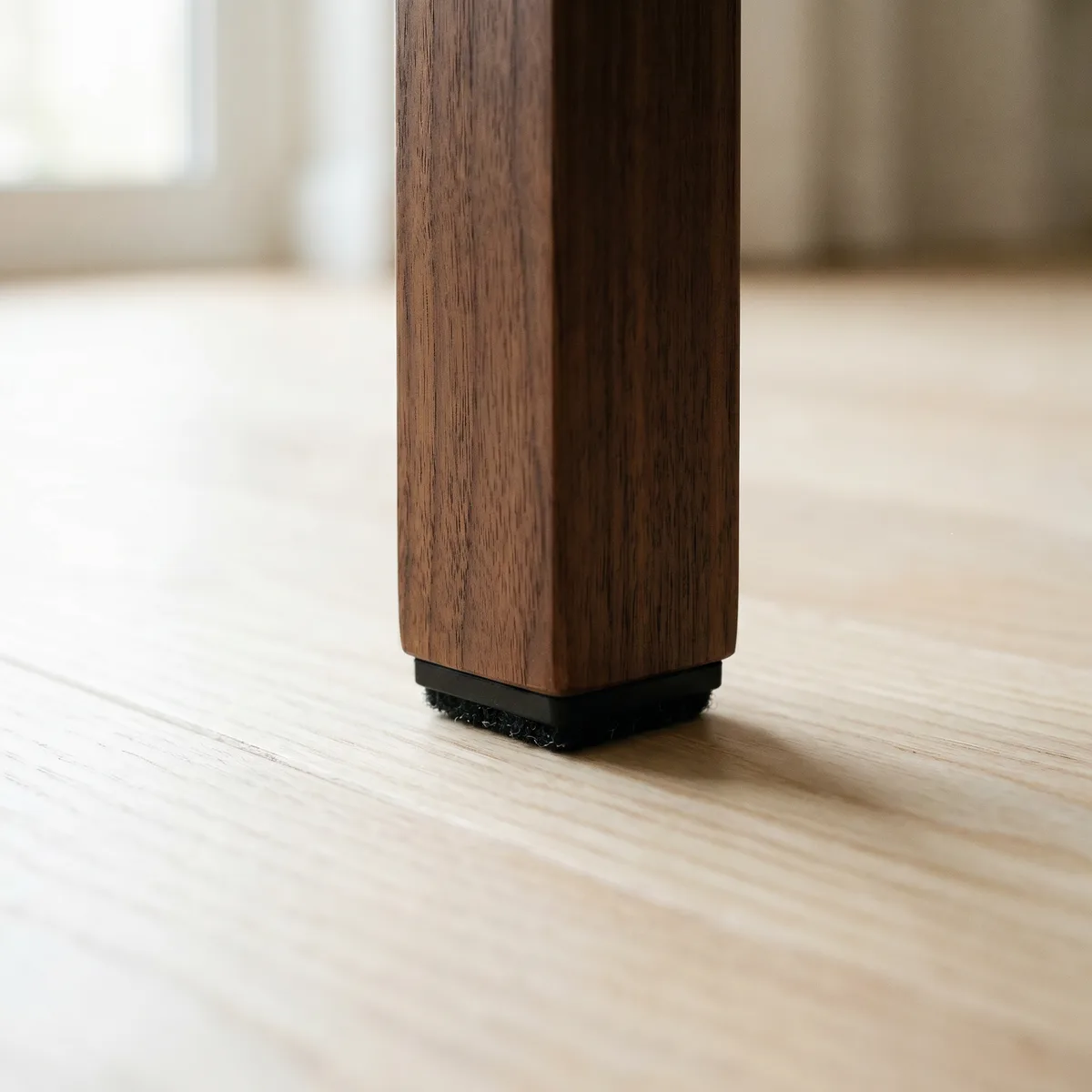 Black felt pad on a walnut furniture leg, felt pads vs glides on a hardwood floor