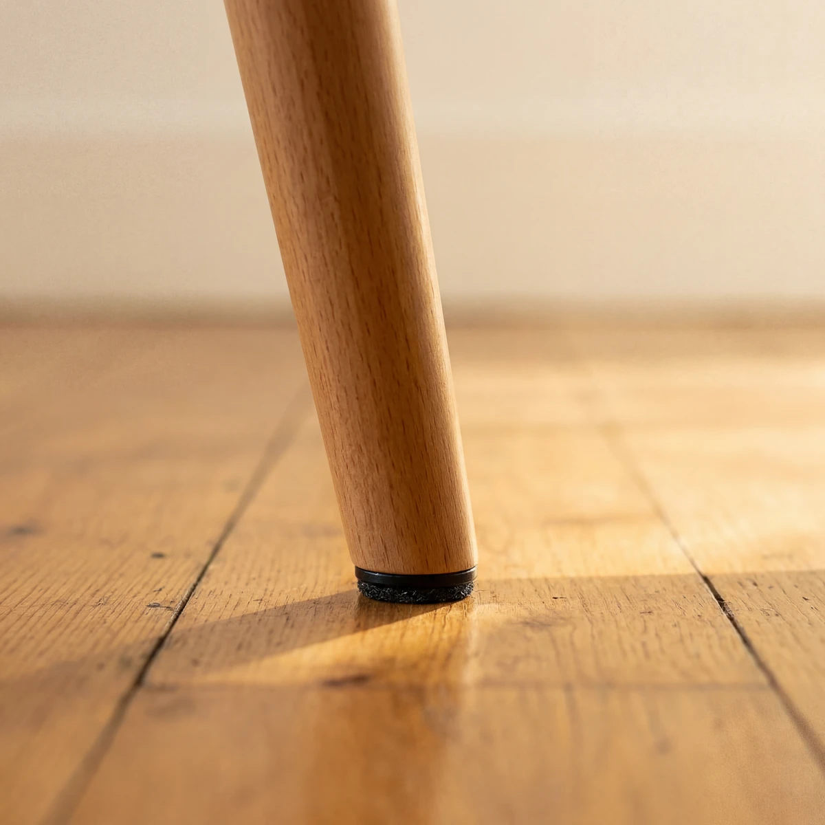 Furniture floor protectors fitted to a chair leg on a hardwood floor.