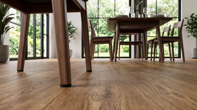 Dining chairs and table with furniture glides on luxury vinyl plank flooring