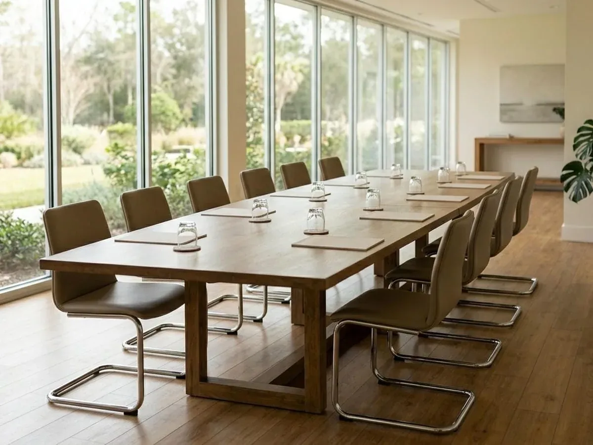 Conference room with cantilever chairs on a hardwood floor