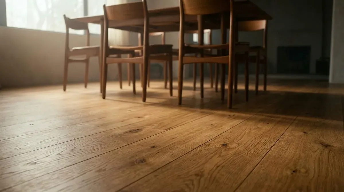 Dining chairs on an oak floor seen from floor level