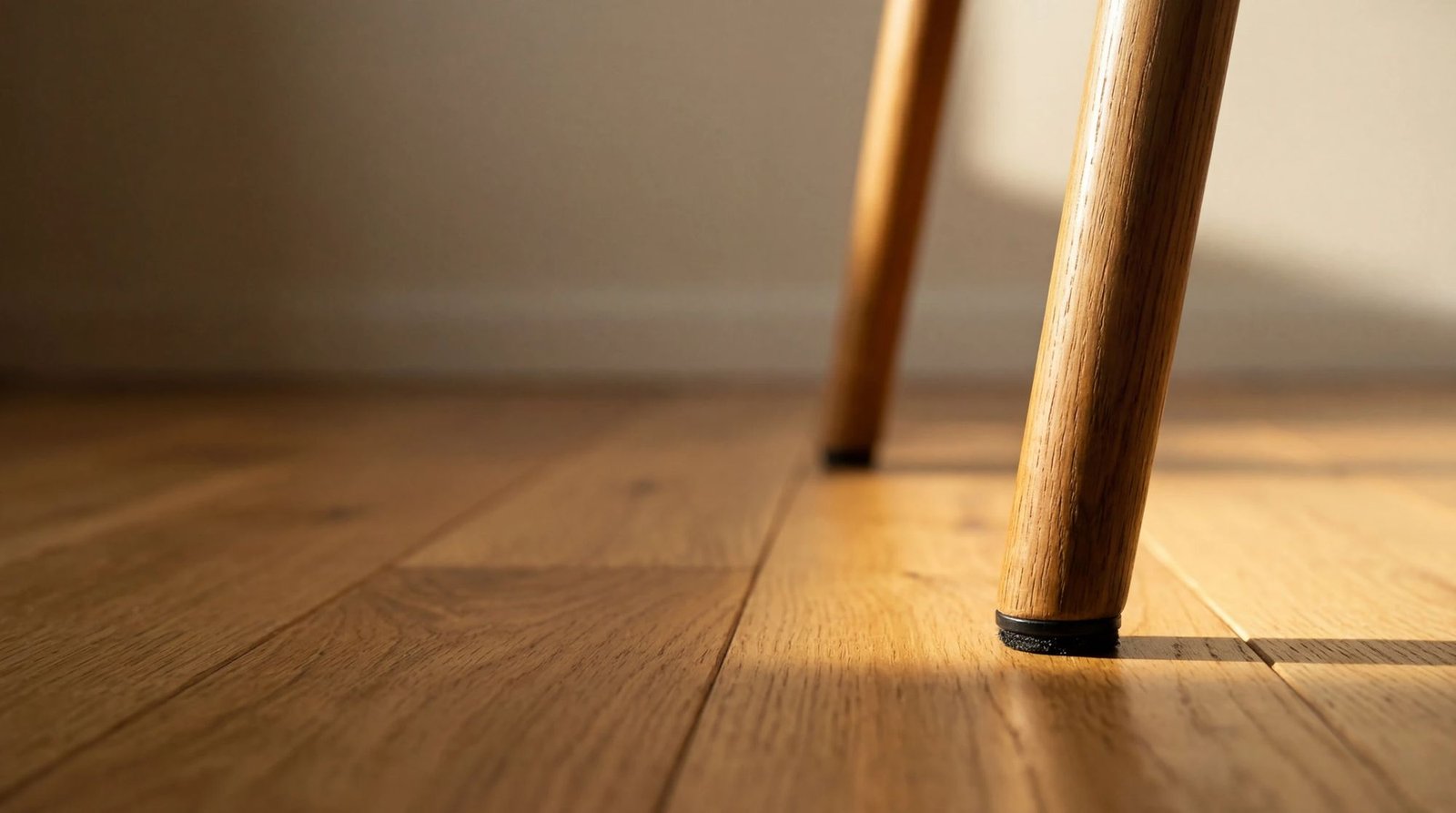 Oak chair legs with furniture glides on a hardwood floor