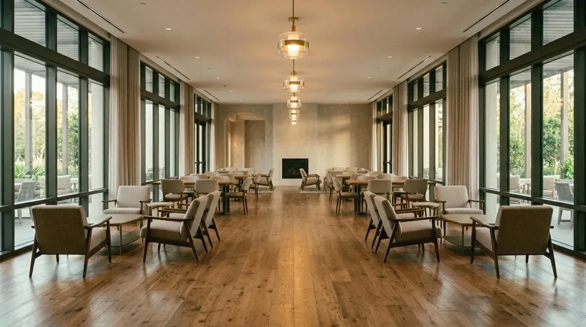 Hotel lounge with armchairs and side tables on a hardwood floor