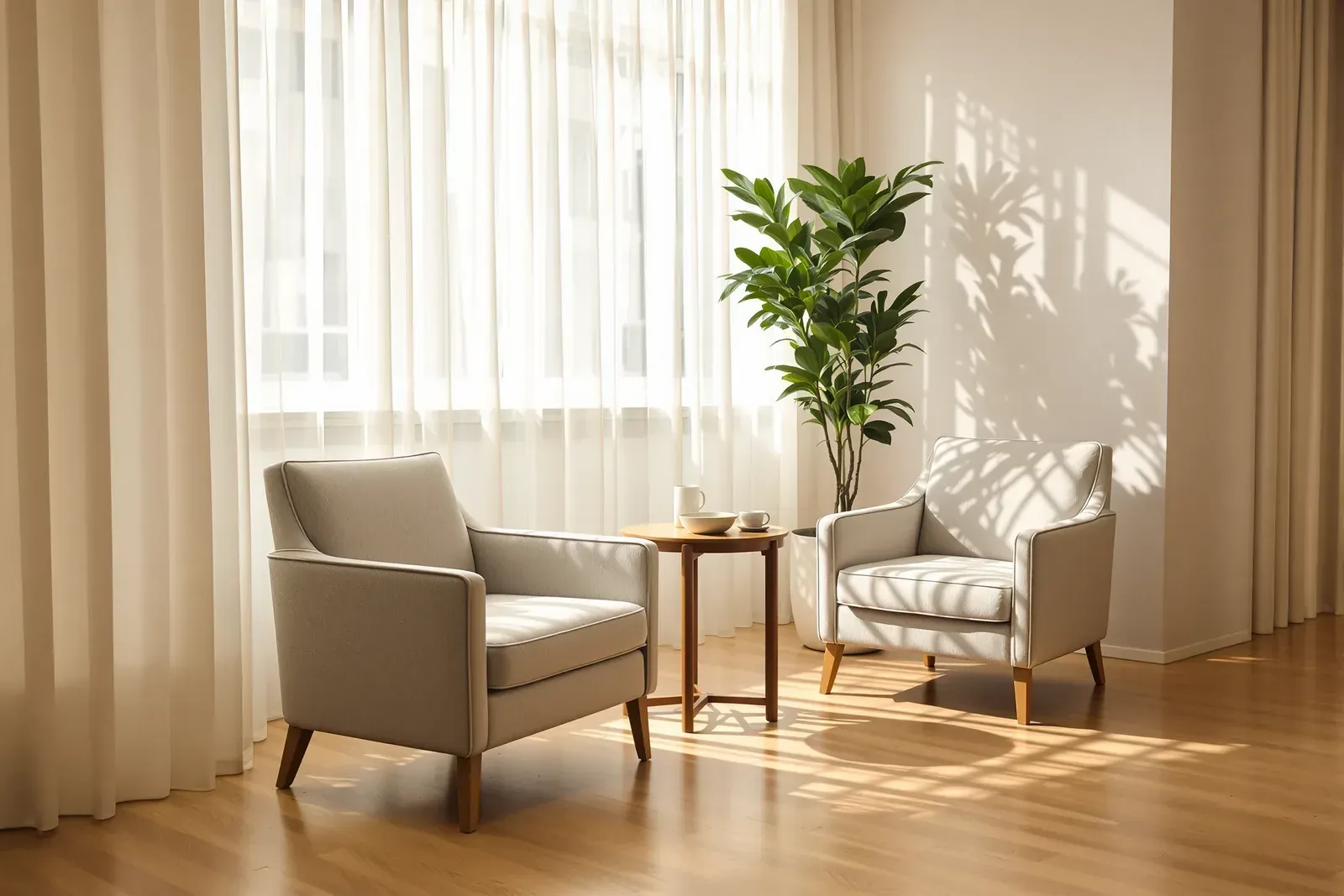 Hotel lobby lounge chairs on a hardwood floor
