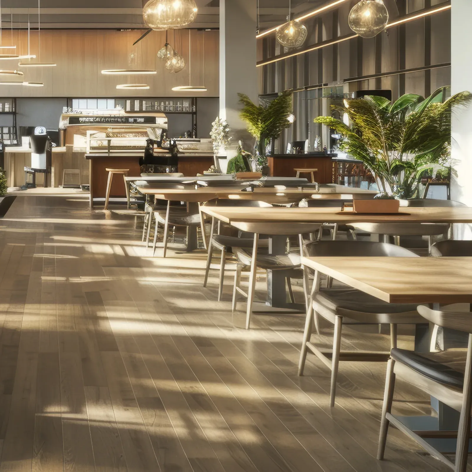 Cafe tables and chairs on a hardwood floor