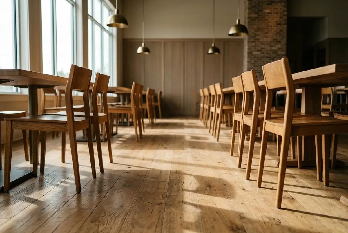 Restaurant dining room with wooden chairs on a hardwood floor