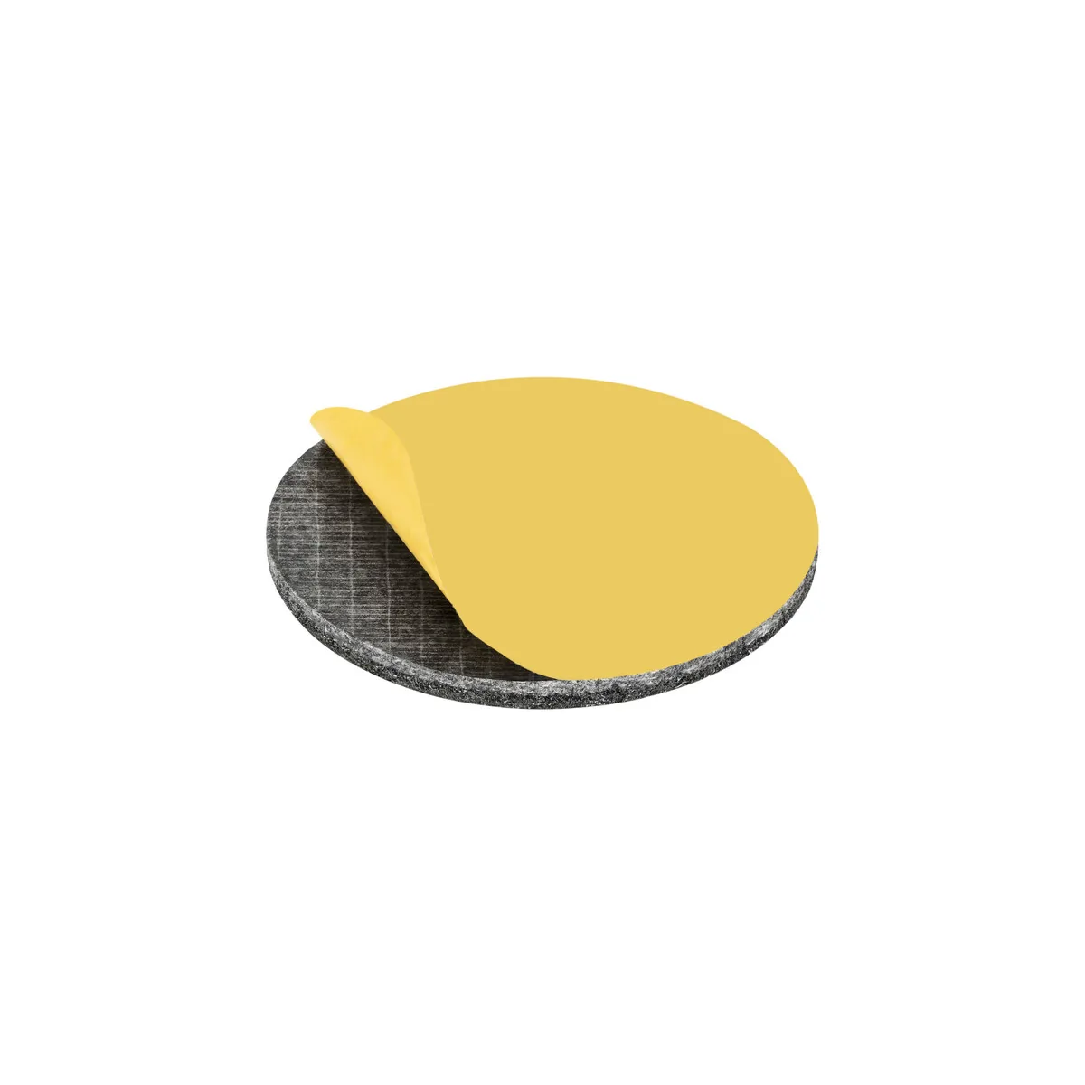 Round self-adhesive furniture pad with the backing liner peeled back, showing the PA6 fiber face