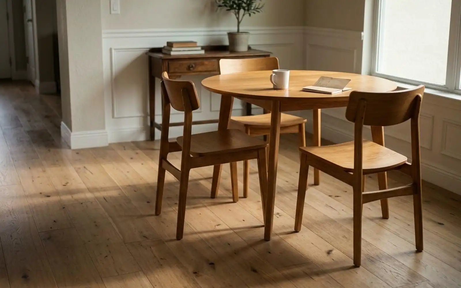 A communal dining room in daylight with wooden chairs on a wide-plank wood floor