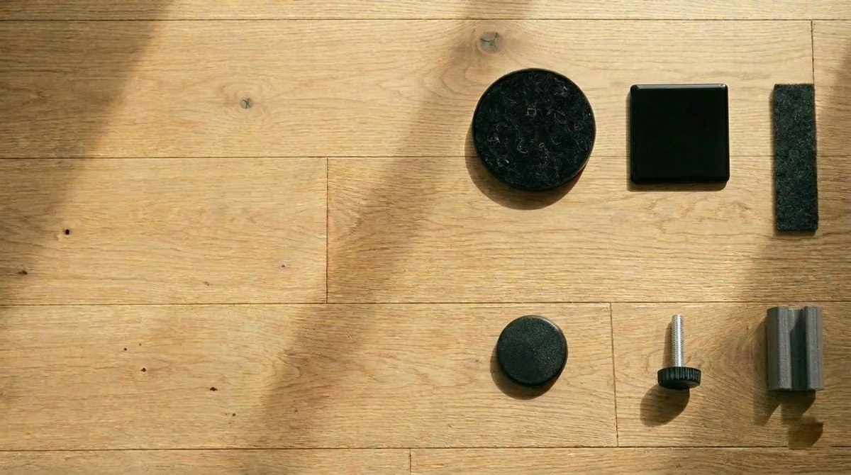 Six furniture floor protectors laid out on a table