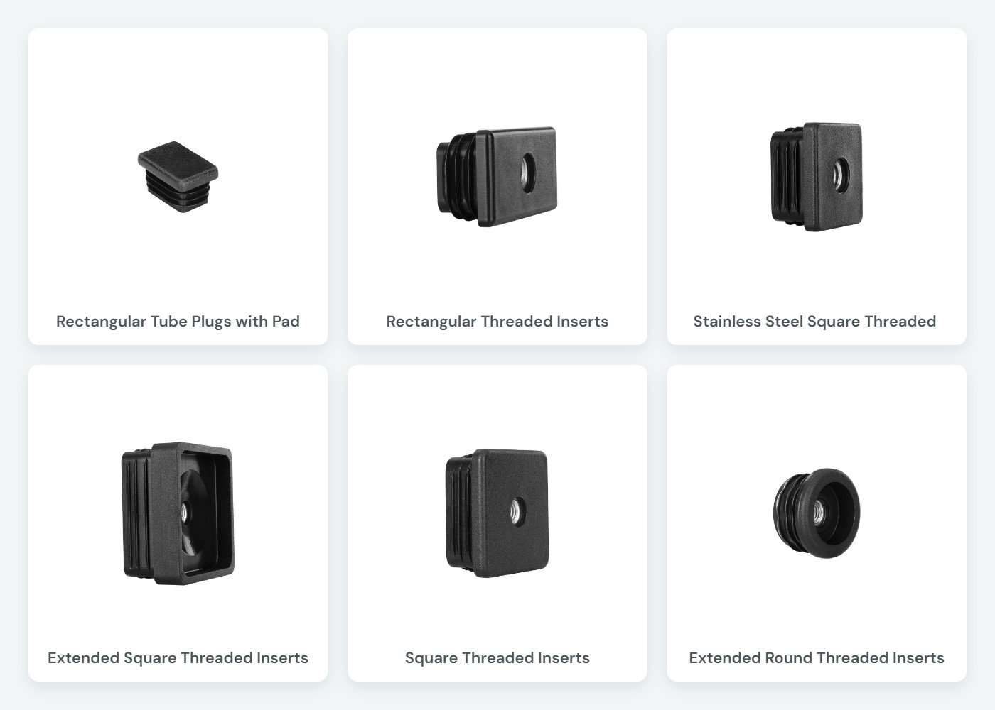 Superior Glide plugs range: Rectangular Tube Plugs with Pad, Rectangular Threaded Inserts, Stainless Steel Square Threaded Inserts, Extended Square Threaded Inserts, Square Threaded Inserts, Extended Round Threaded Inserts